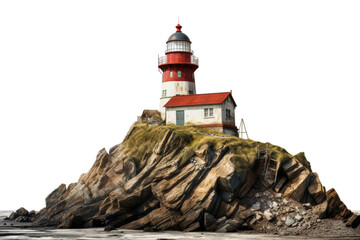 Foghorn-Equipped Remote Cliffside Lighthouse Isolated on Transparent Background - obrazy, fototapety, plakaty