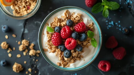 Top view of a cup of yogurt with granola and raspberry - 746806195