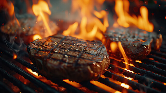 Steaks cooking over flaming greel