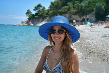 On the sunny beach, a girl wearing a blue hat and sunglasses smiles.
