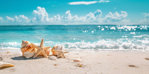 Fototapeta na wymiar Sunny tropical beach with turquoise ocean, summer vacation background, sea shells and starfish on the beach,
