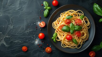 Top view of a plate of spaghetti with tomatoes and basil on a dark background