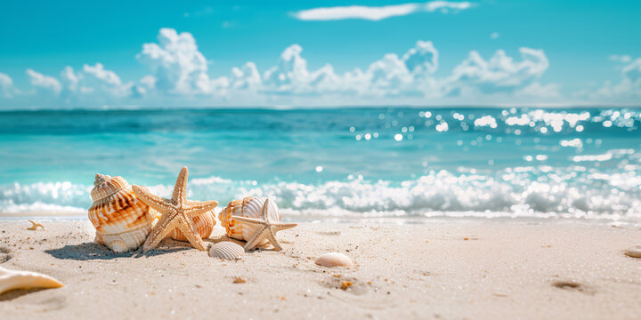 Sunny tropical beach with turquoise ocean, summer vacation background, sea shells and starfish on the beach,