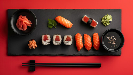 Top view of delicious sushi and sauces on a red background