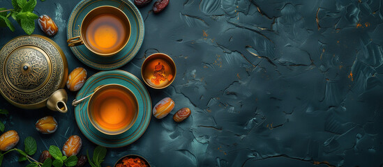 Top view of tea and dates fruit on a dark background