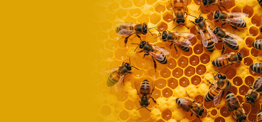 Top view of workin bees on honey cells