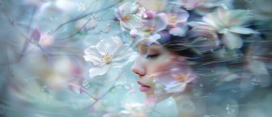 A whimsical profile view of a woman face amidst a surreal swirl of cherry blossoms, creating a captivating dreamscape