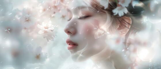 The serene profile of a woman is softly illuminated by a luminescent glow, with cherry blossoms adorning their hair, creating a moment of peaceful bliss