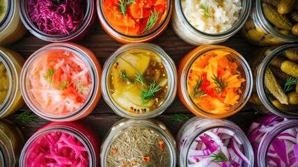assortment of colorful pickled vegetables in jars, incorporating fermented foods into your diet to...