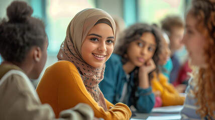 Educational Diversity: Students from diverse backgrounds participating in a classroom discussion, exchanging ideas and learning from each other.