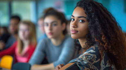 Obraz premium Educational Diversity: Students from diverse backgrounds participating in a classroom discussion, exchanging ideas and learning from each other.