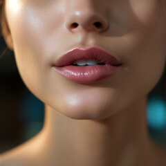 Obraz premium Sexy plump full lips. Perfect natural lip makeup. Part of face young woman close up.