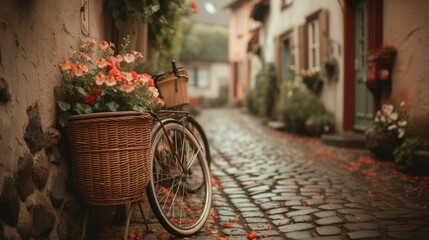 a bicycle parked on a cobblestone street with a basket full of flowers on the front of the bike. - obrazy, fototapety, plakaty