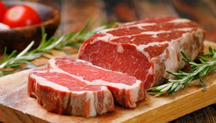 Fototapeta premium primo piano di bistecca su tagliere di legno e rosmarino 