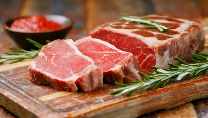 Fototapeta premium primo piano di bistecca su tagliere di legno e rosmarino 