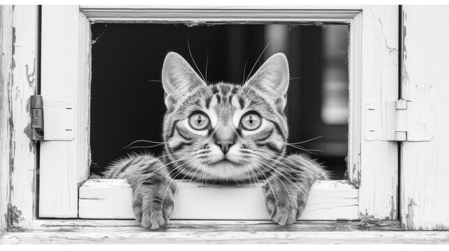a black and white photo of a cat looking out of a window with its front paws on the window sill.
