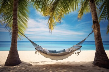 a hammock between palm trees on a beach