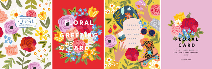 Floral greeting card. Vector cute modern trend illustration of bright flowers, plants, leaves, pattern, girly objects, roller skates, hands, peony, rose for invitation, poster, card, flyer, background - 746808359