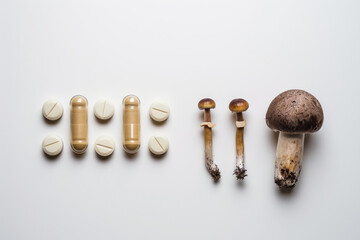 Mushrooms and pills layout, medical use concept, top view. Backdrop with selective focus and copy space