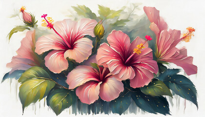 Oil painting of beautiful Hibiscus flowers isolated on white background. Floral composition.