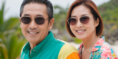 An Asian couple, over 50 years old, share a joyful moment at a tropical resort. Their radiant...