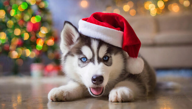Siberian husky puppy with a Santa hat laying on a wooden floor.