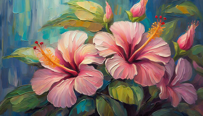 Oil painting of beautiful Hibiscus flowers. Floral composition. Detailed hand drawn art in glazing technique.