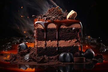 Fototapeta na wymiar a chocolate cake with chocolate sauce and chocolate chips
