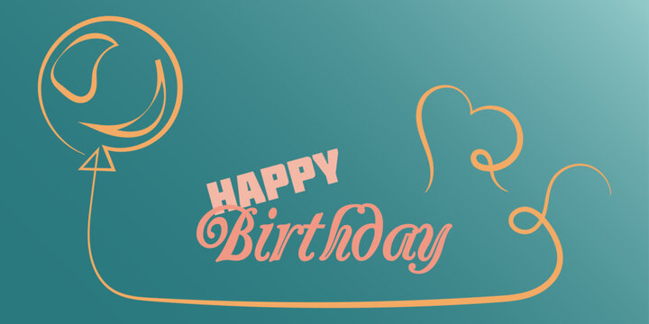 Happy Birthday сolorful postcard - banner. Line art yellow balloon with heart with congratulations inscription on gradient green background. Editable stroke. Hand drawn vector illustration	