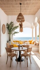 A bohemian inspired interior design with a bright, beige color palette can be found in a cafe located near the beach in Marbella, Spain.