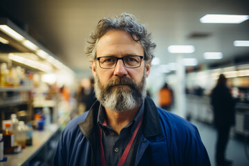 Fototapeta premium Portrait of stylish mature man with grey hair, beard and glasses in blue jacket at the store