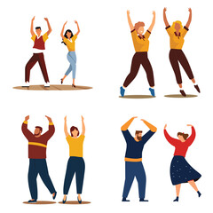 people dancing joyfully, three men three women casual clothes. Diverse group celebrating, happy dance moves vector illustration
