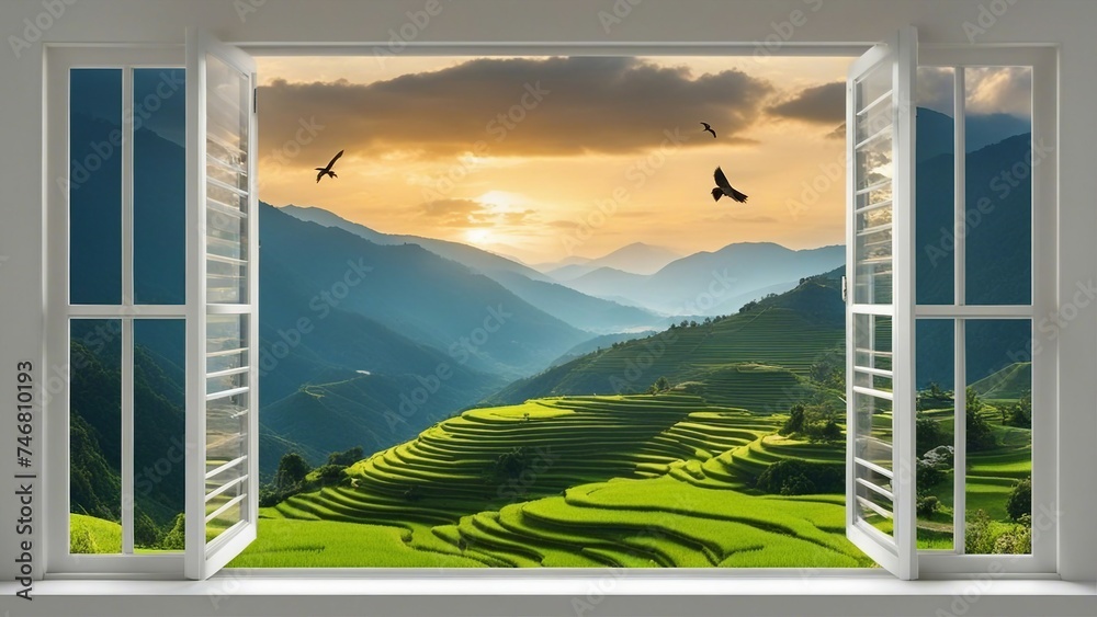 Wall mural view from the window _ a landscape nature view background with a window frame. the window is open an