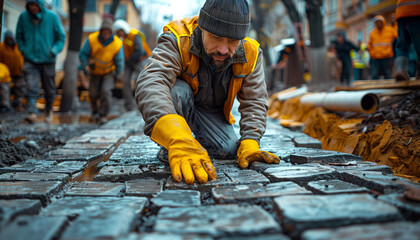 A man laying a pavement of stone cubes. - obrazy, fototapety, plakaty