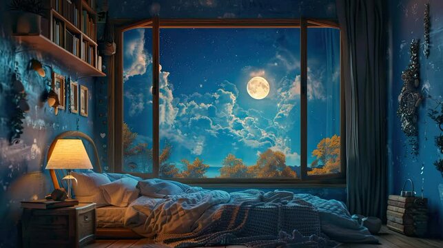 Bedroom with floor bed and wall bookself with big window view of night sky full moon and animated stars with tree calm video lofi loop