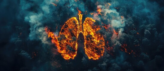 The image shows the devastating impact of wildfires as flames engulf the symbolic forest lungs of the Earth, resembling the human respiratory system in distress. - obrazy, fototapety, plakaty