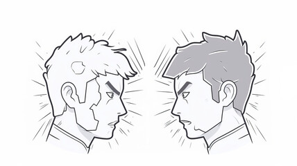 Black and white illustration of two male figures in profile with apparent sense of tension, clash or confrontation without direct contact. Silent conflict or disagreement.