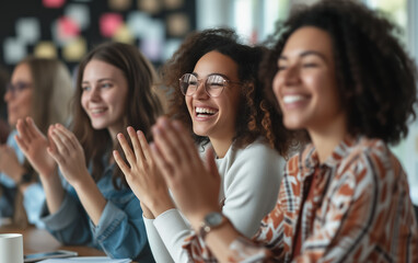 Group of diverse female office workers applauding, clapping hands at successful meeting or presentation. Generative AI