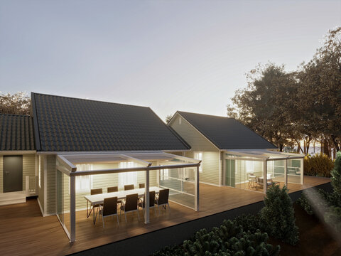 3d render of house with patio cover veranda at night view