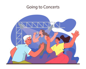 Going to Concerts concept. Energetic friends dancing and singing along at a live music event.