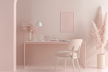 Pastel colored workspace with a minimalistic desk and soft pink stationery. Generative AI