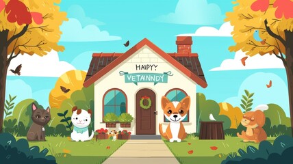 veterinary hospital's facade with a 'Happy Veterinary Day' banner, inviting clients and patients to join in the celebration