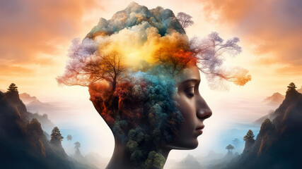 Double exposure of a female head with a colorful background of nature, trees, forest and mountains with a pastel background.Ecology,meditation, spirituality, psychological health concept.AI generated 