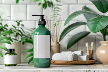 Shampoo green bottle mockup with blank label in bathroom. Minimalist style. Generative AI