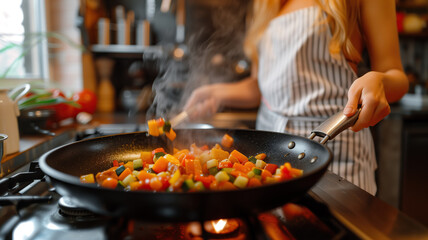 A woman cooks vegetables in a pan