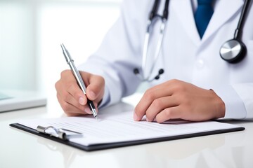 Hands of medical doctor  in white robe writing disease history, close up shot.  Doctor writing out RX prescription. Health care science