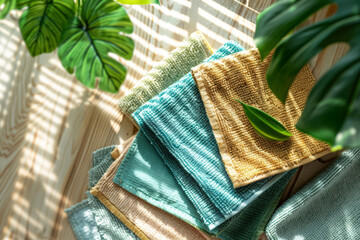 Eco friendly reusable and sustainable cleaning cloths in green and blue colors. Generative AI