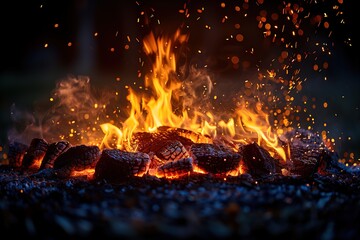 The crackling campfire burns intensely, sending a shower of sparks into the evening sky, creating a captivating outdoor spectacle - obrazy, fototapety, plakaty