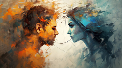 Two profiles man and woman facing each other, sense of passion and emotional intensity, dramatic depiction of love, deep emotional connection, conflicts in relationships and struggle for resolution.