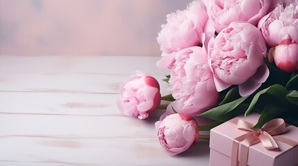 Flowers bouquet of peonies soft pastel color background.